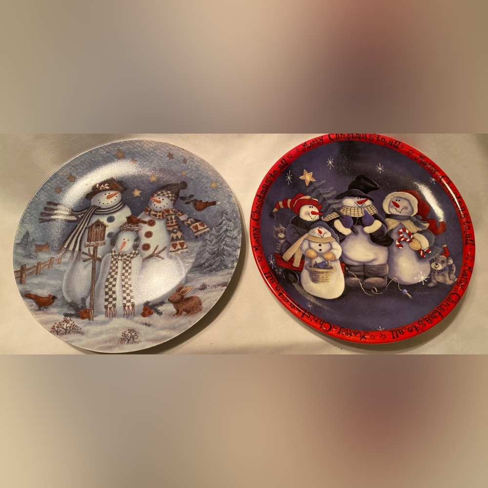 Lovely Vintage Set of 2 Snowman Plates - 1 Retired At Home 1 Cookie Plate